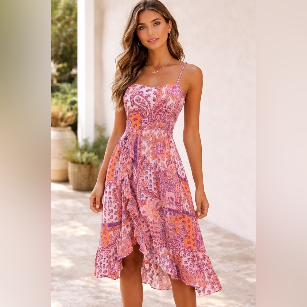 New Angie High Low Dress in Pink and Orange Floral